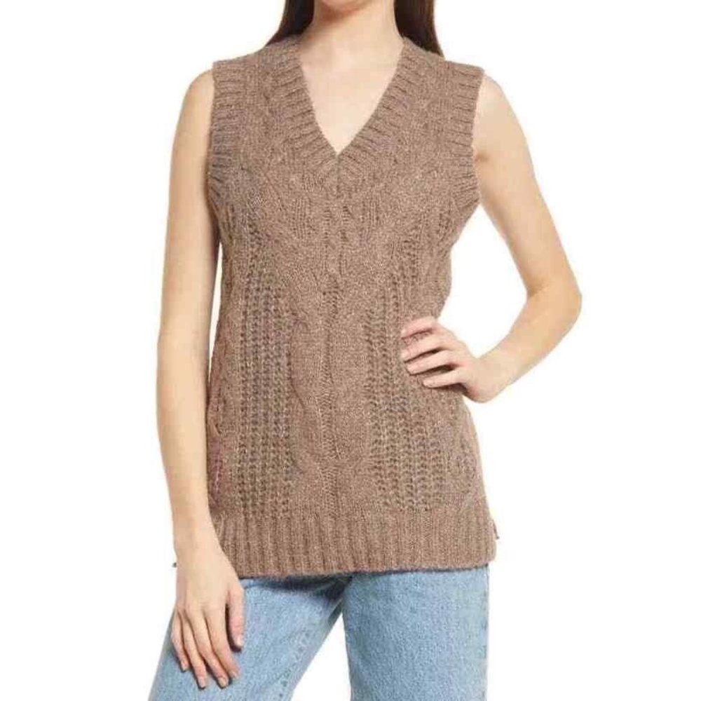 New Vero Moda Cable Knit V-Neck Sweater Vest Briella Fossil Brown Size Small